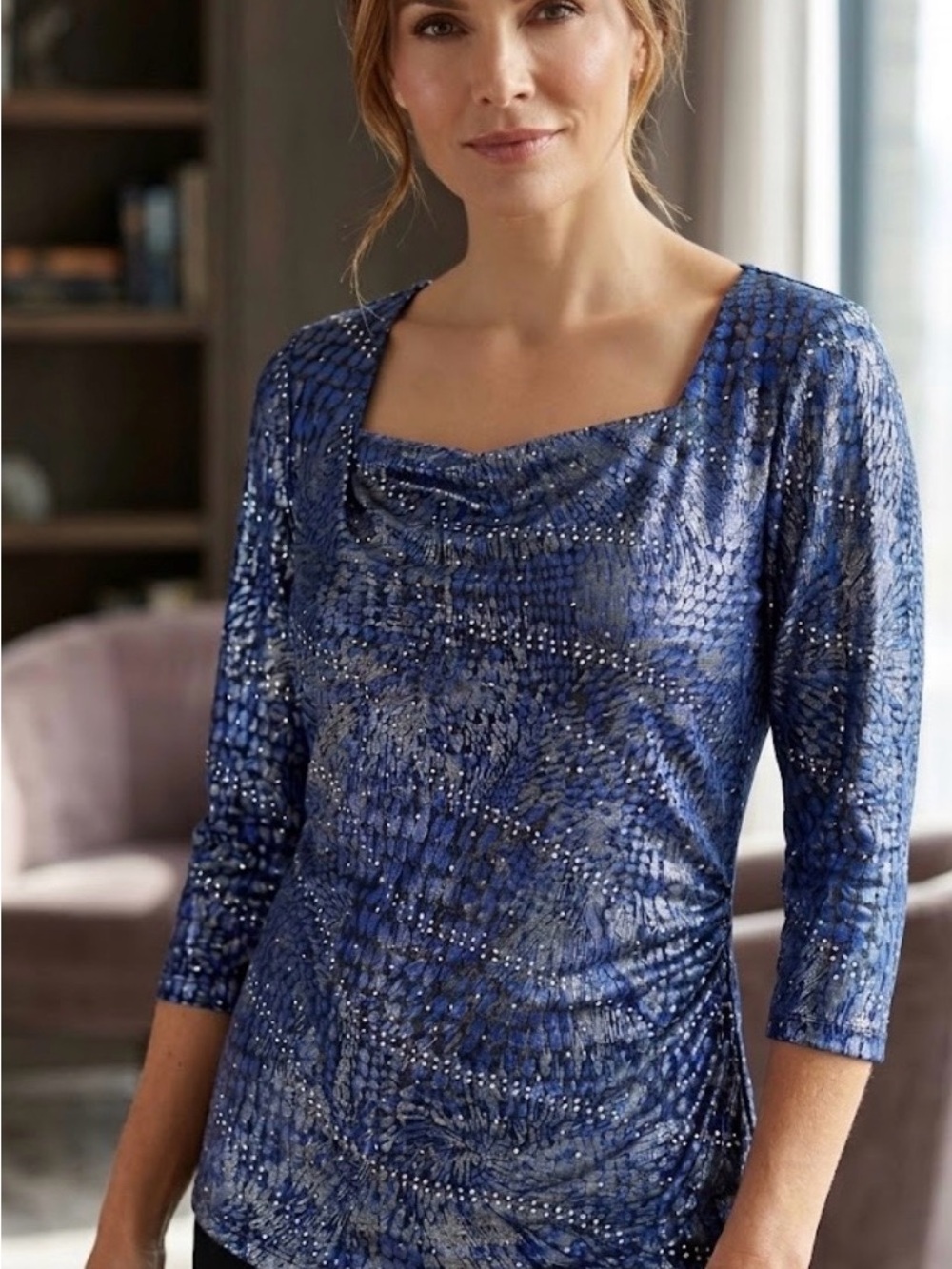 Blue Metallic Print scoop Neck Top